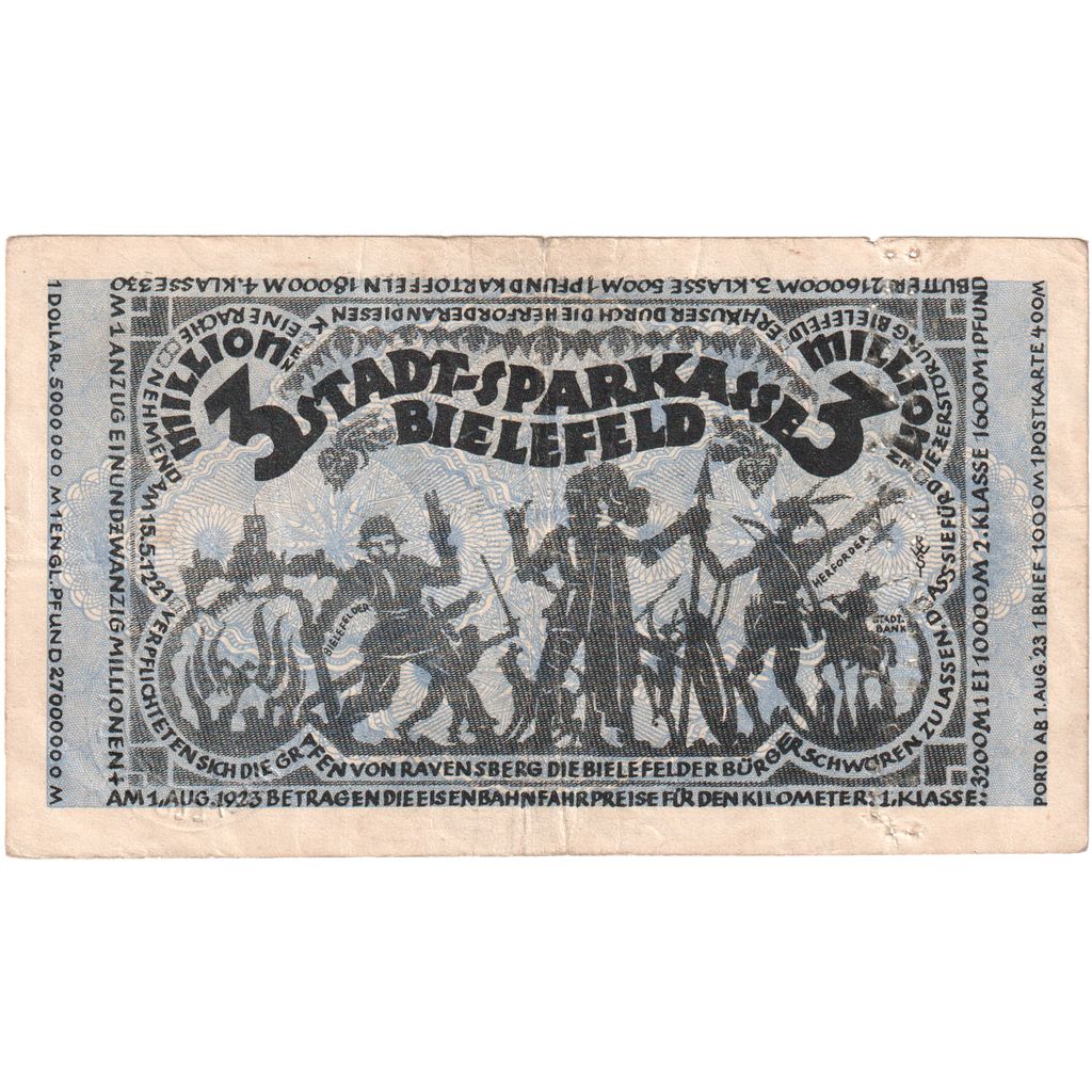 Duitsland, Bielefeld, 3 Millionen Mark, 1923-08-11, TB+
