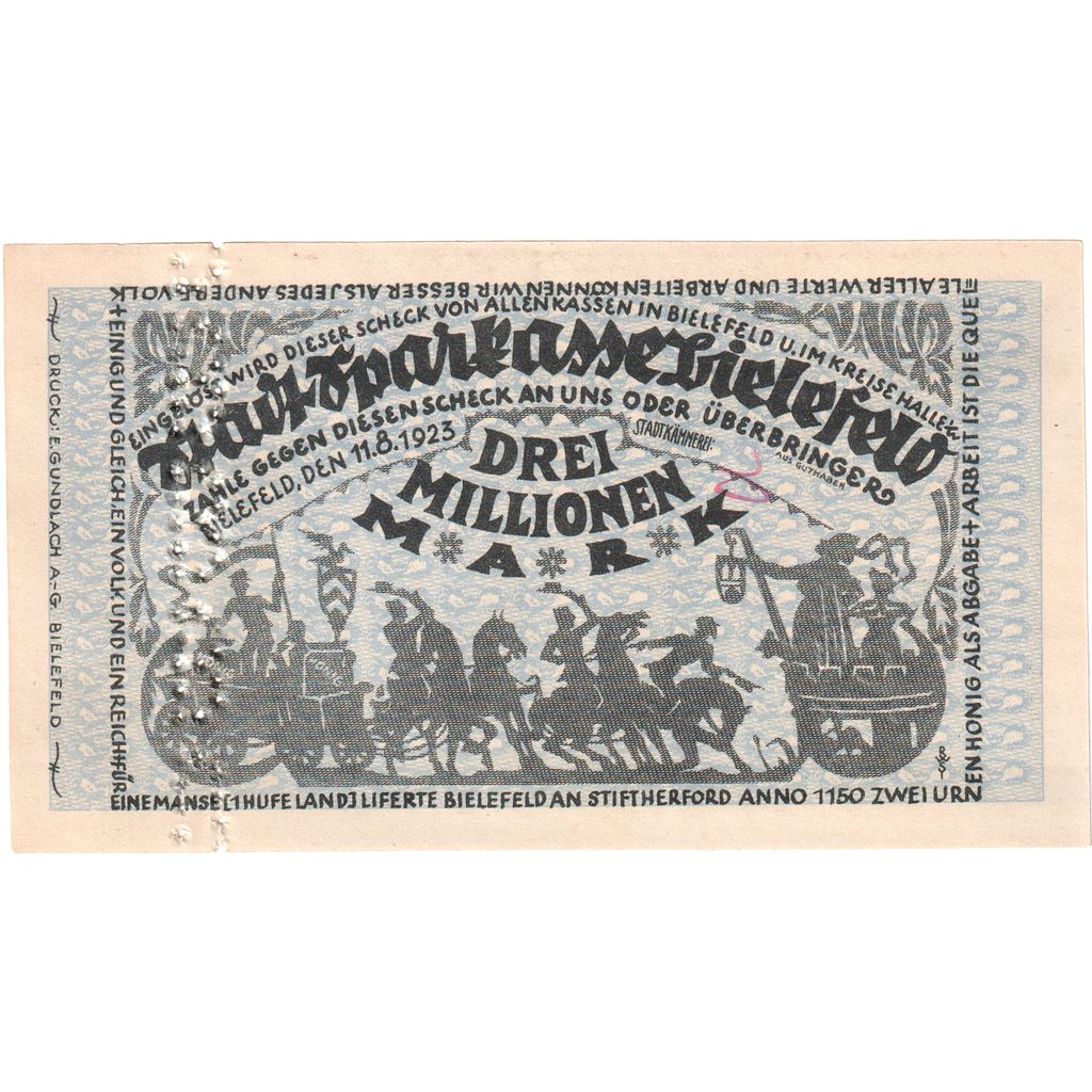 Alemania, Bielefeld, 3 Millionen Mark, 1923-08-11, SC