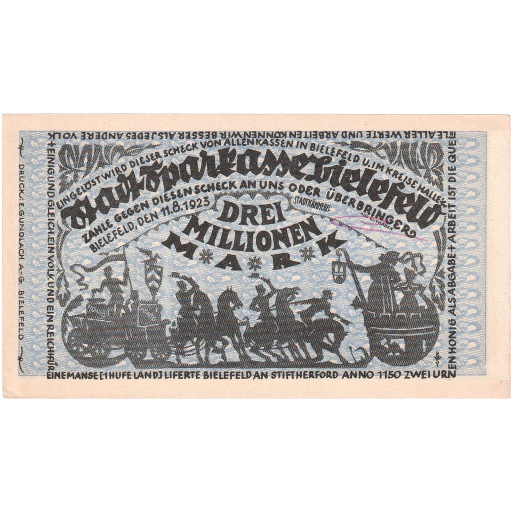 Germany, Bielefeld, 3 Millionen Mark, 1923-08-11, UNC(63)