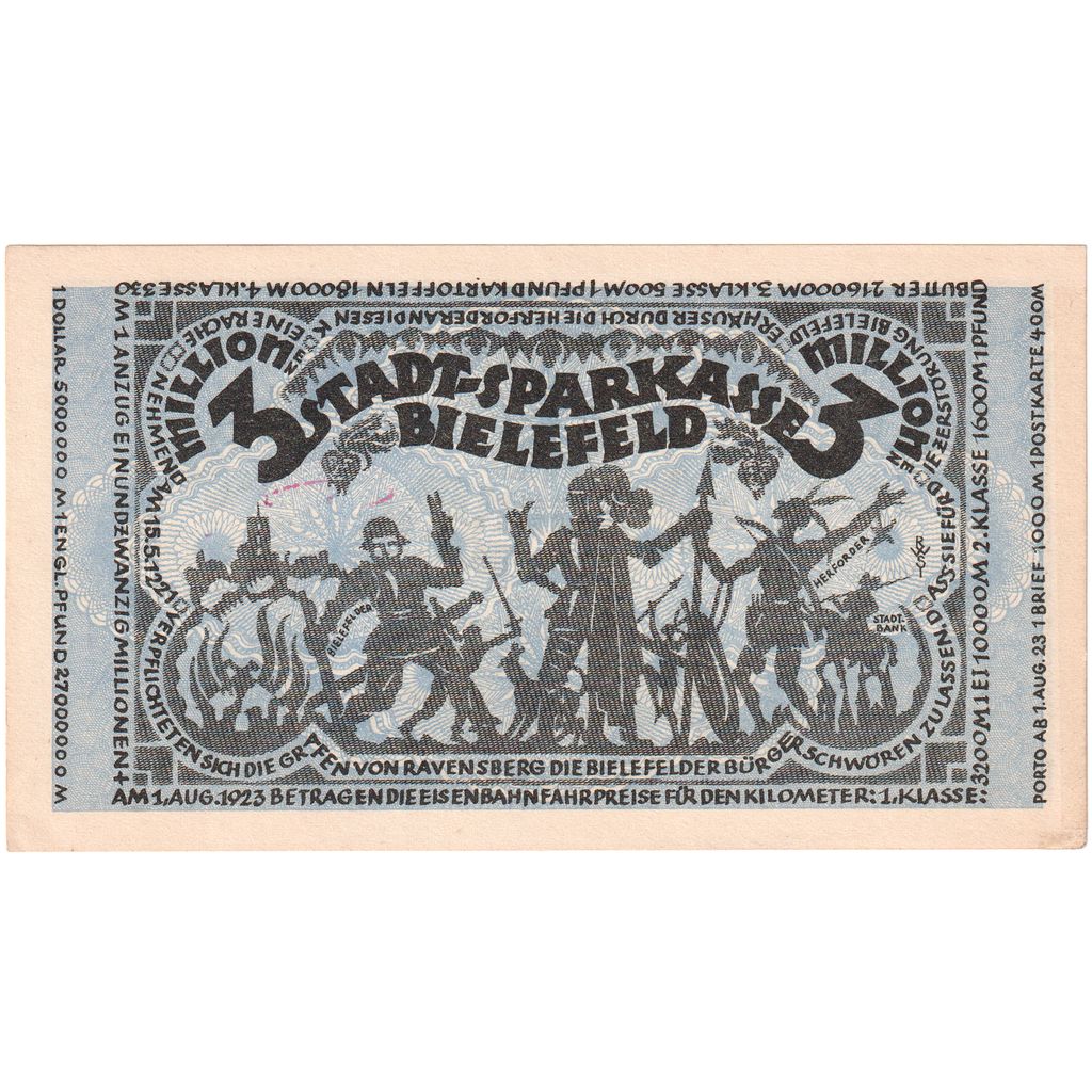 Germany, Bielefeld, 3 Millionen Mark, 1923-08-11, UNC(63)