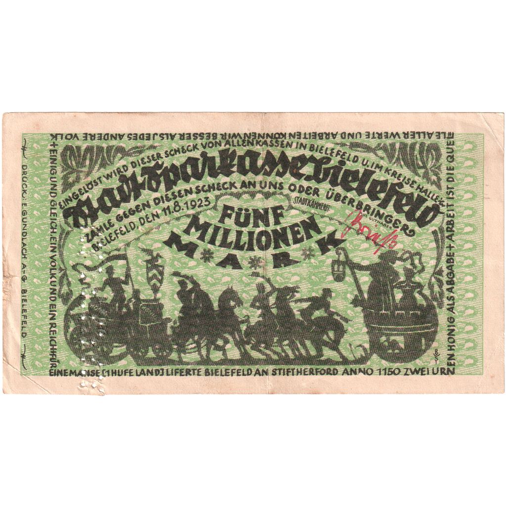 Germany, Bielefeld, 5 Millionen Mark, 1923-08-11, EF(40-45)