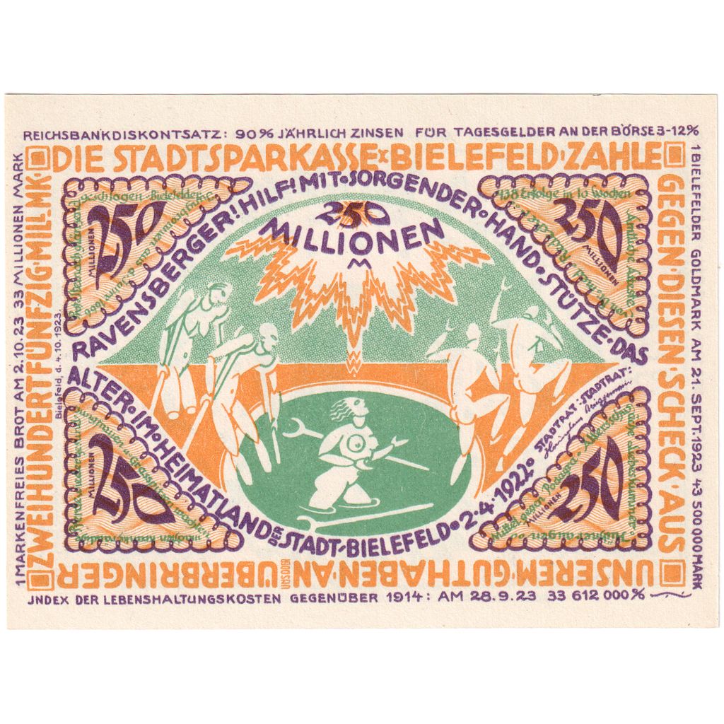 Germany, Bielefeld, 250 Millionen Mark, 1922-04-02, UNC(63)
