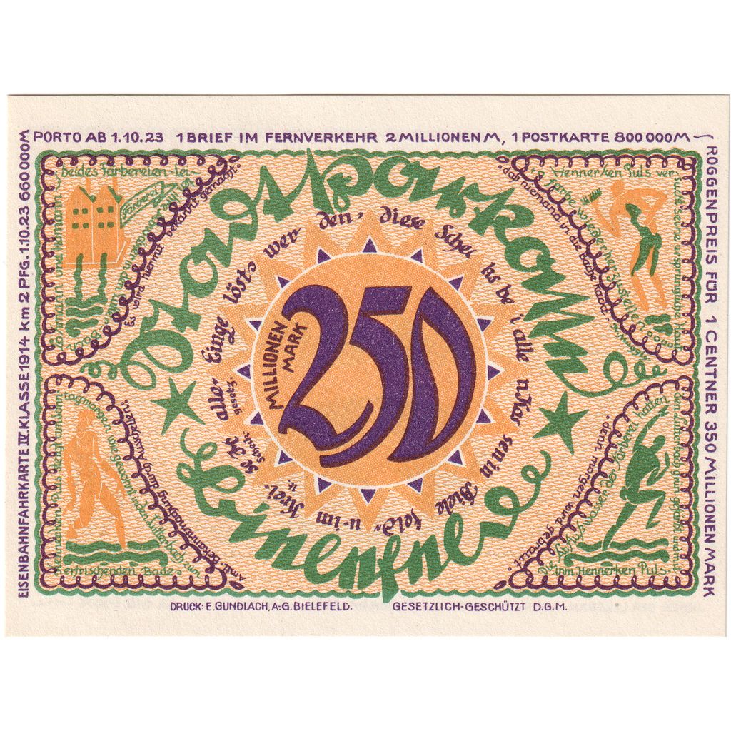 Germany, Bielefeld, 250 Millionen Mark, 1922-04-02, UNC(63)