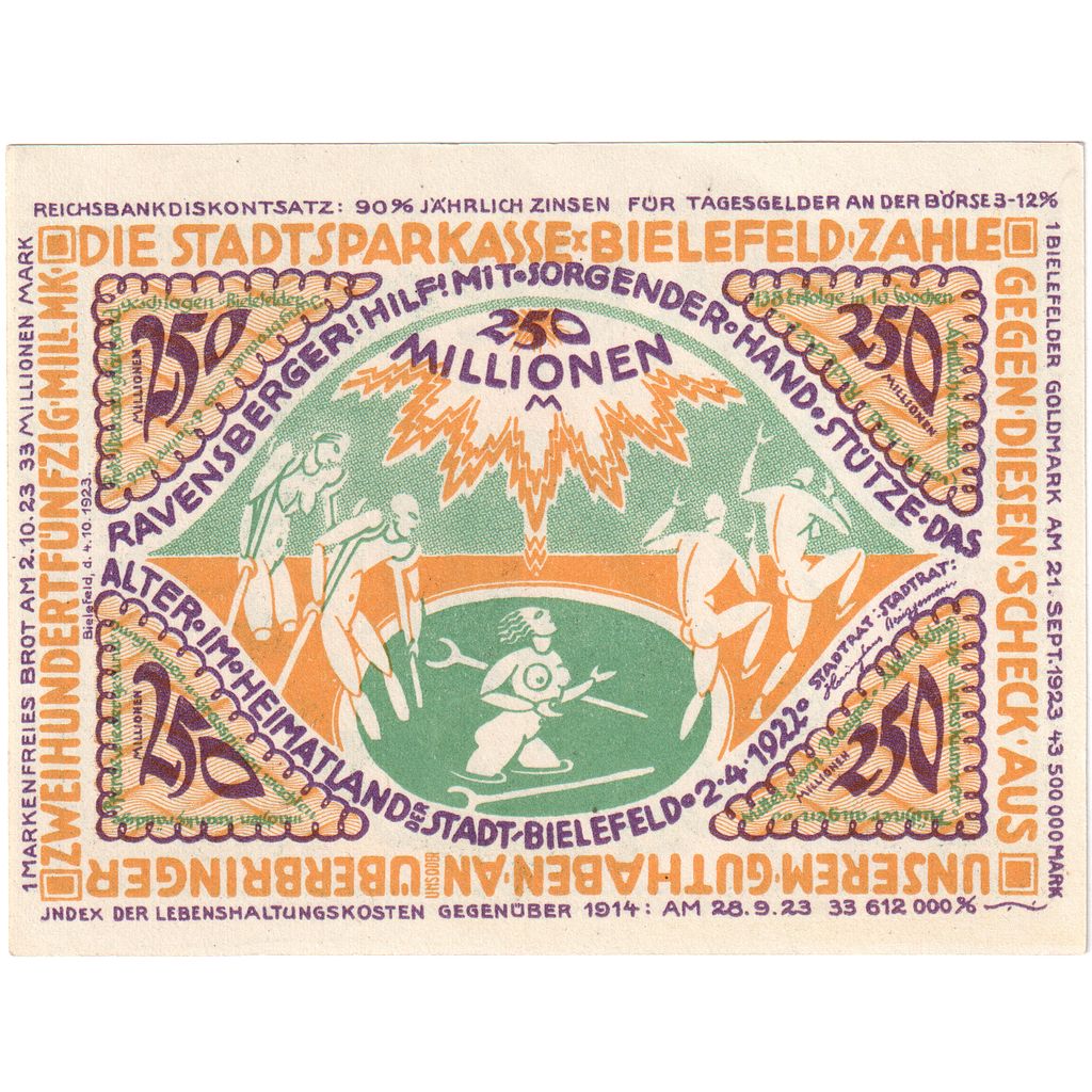 Germany, Bielefeld, 250 Millionen Mark, 1922-04-02, UNC(63)