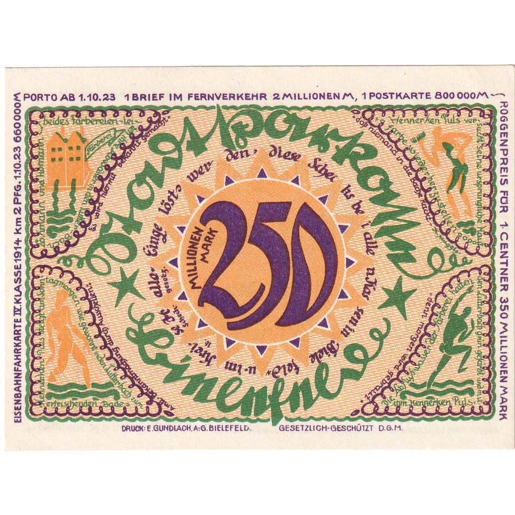 Germany, Bielefeld, 250 Millionen Mark, 1922-04-02, UNC(63)