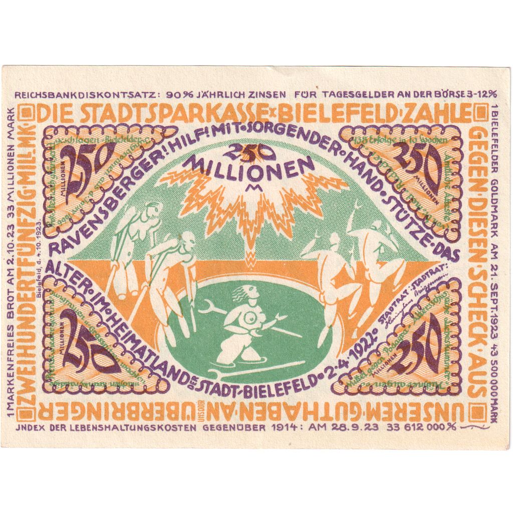 Germany, Bielefeld, 250 Millionen Mark, 1922-04-02, UNC(63)