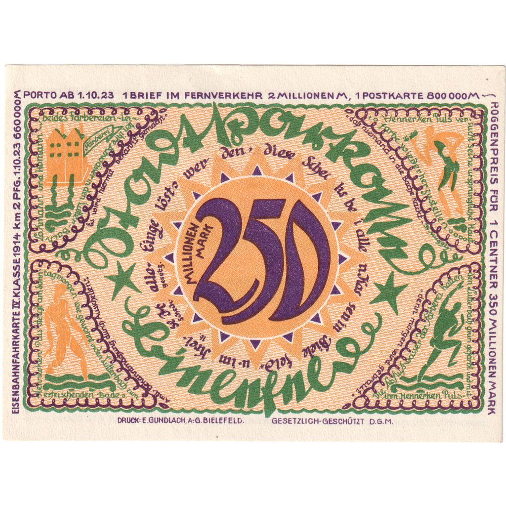 Germany, Bielefeld, 250 Millionen Mark, 1922-04-02, UNC(63)