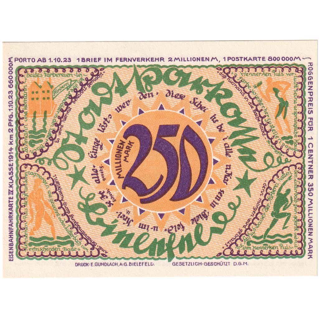 Germany, Bielefeld, 250 Millionen Mark, 1922-04-02, UNC(63)