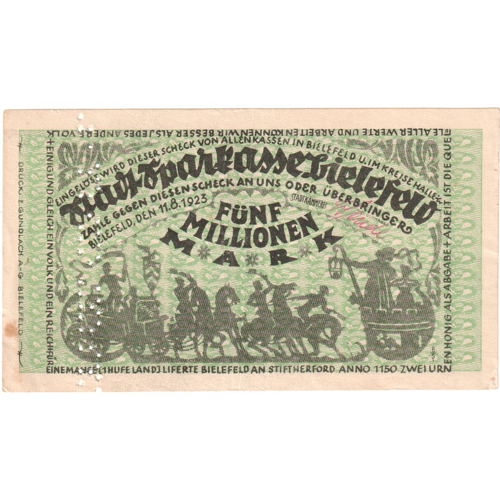 Alemanha, Bielefeld, 5 Millionen Mark, 1923-08-11, EF(40-45)