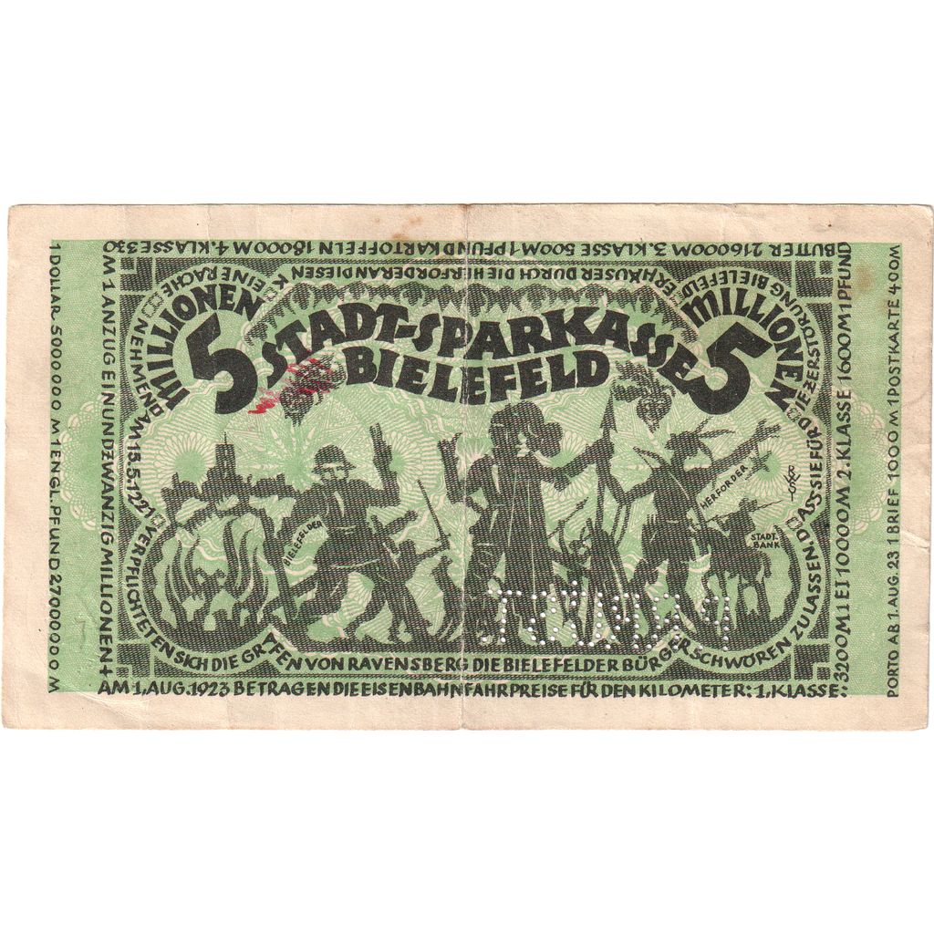 Alemanha, Bielefeld, 5 Millionen Mark, 1923-08-11, EF(40-45)
