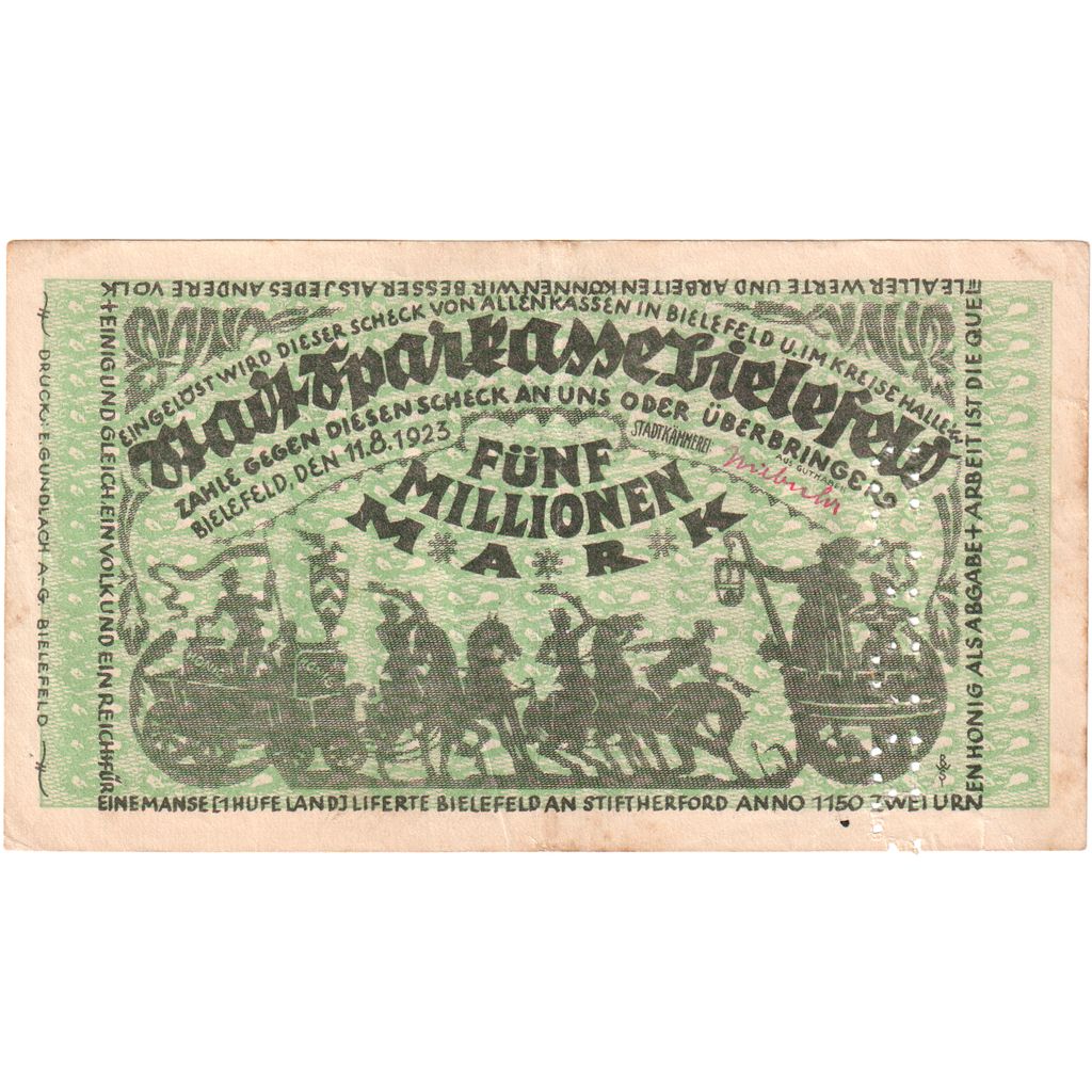 Germany, Bielefeld, 5 Millionen Mark, 1923-08-11, AU(50-53)