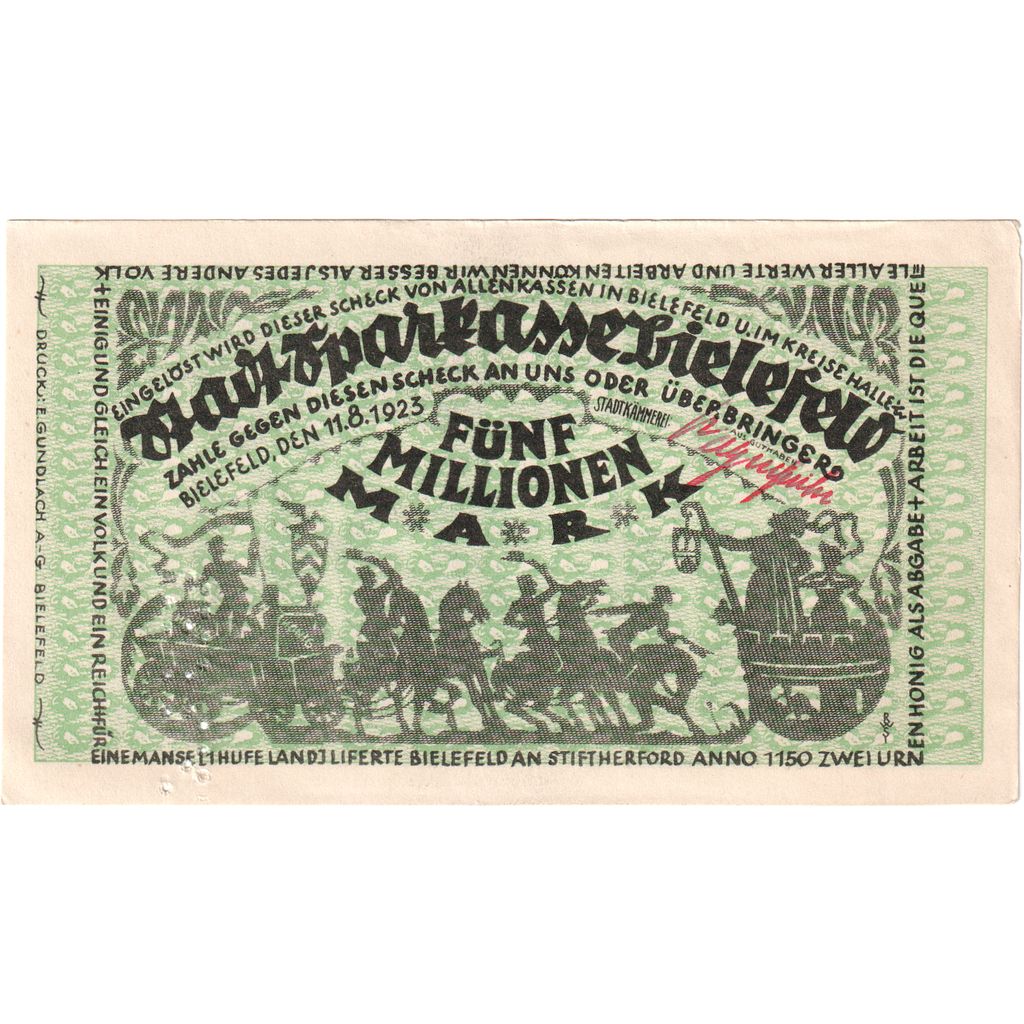 Alemanha, Bielefeld, 5 Millionen Mark, 1923-08-11, UNC(63)