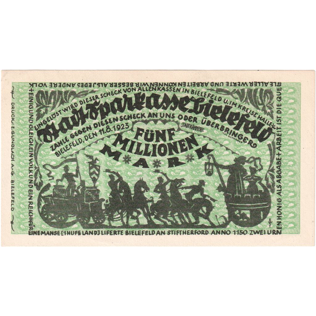 Alemanha, Bielefeld, 5 Millionen Mark, 1923-08-11, UNC(63)