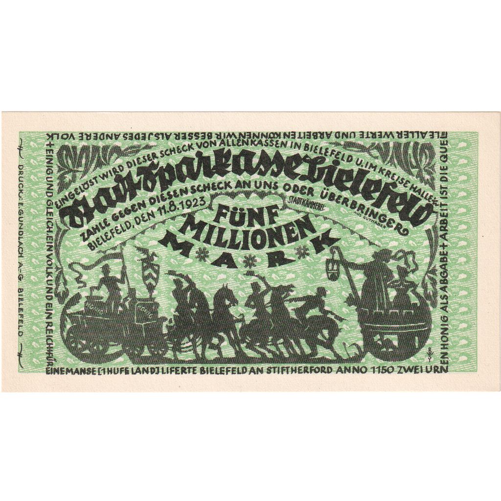 Niemcy, Bielefeld, 5 Millionen Mark, 1923-08-11, UNC(63)