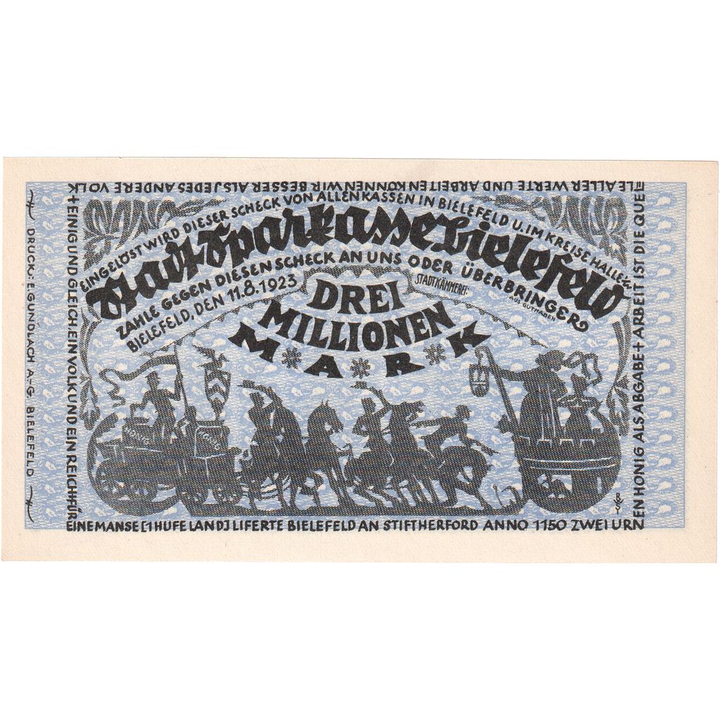 Alemanha, Bielefeld, 3 Millionen Mark, 1923-08-11, UNC(63)