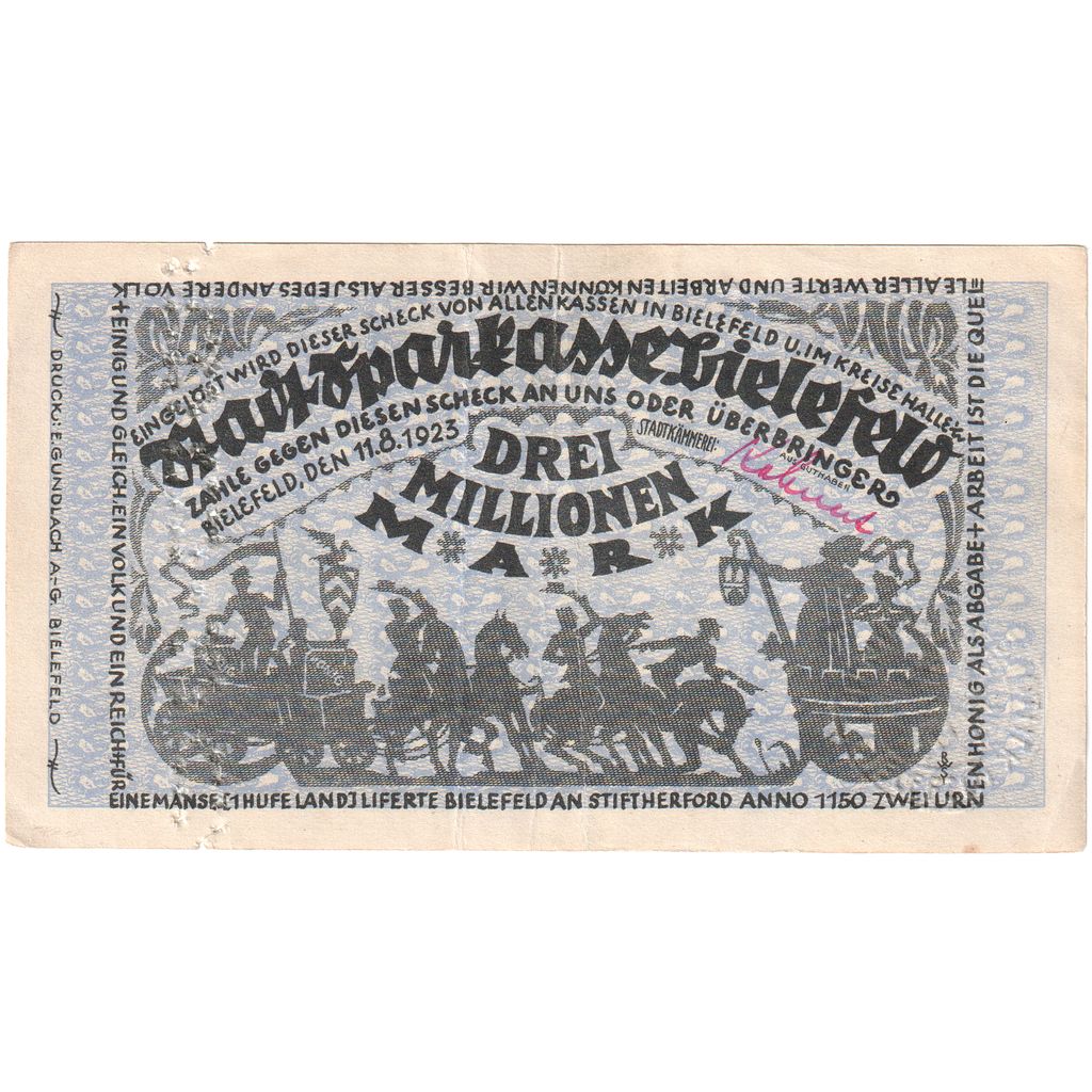 Germany, Bielefeld, 3 Millionen Mark, 1923-08-11, EF(40-45)