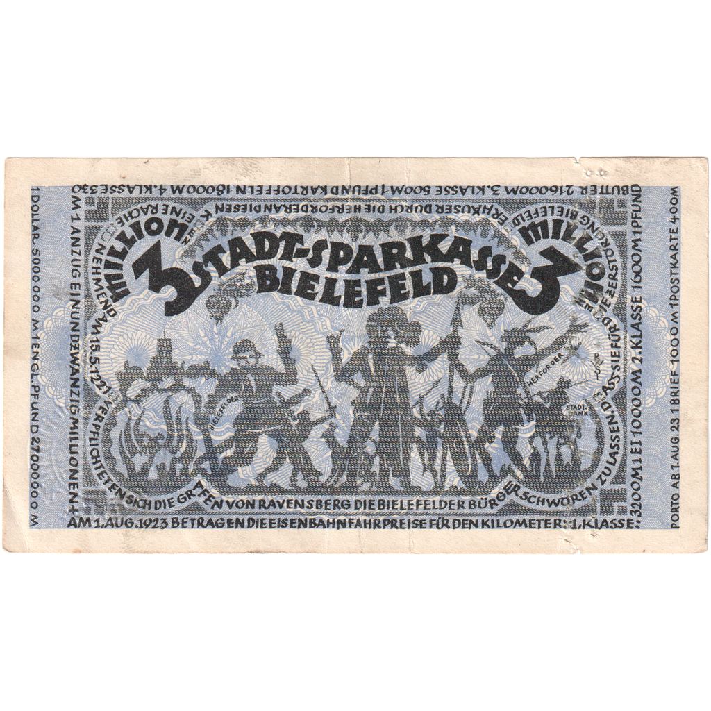Germany, Bielefeld, 3 Millionen Mark, 1923-08-11, EF(40-45)
