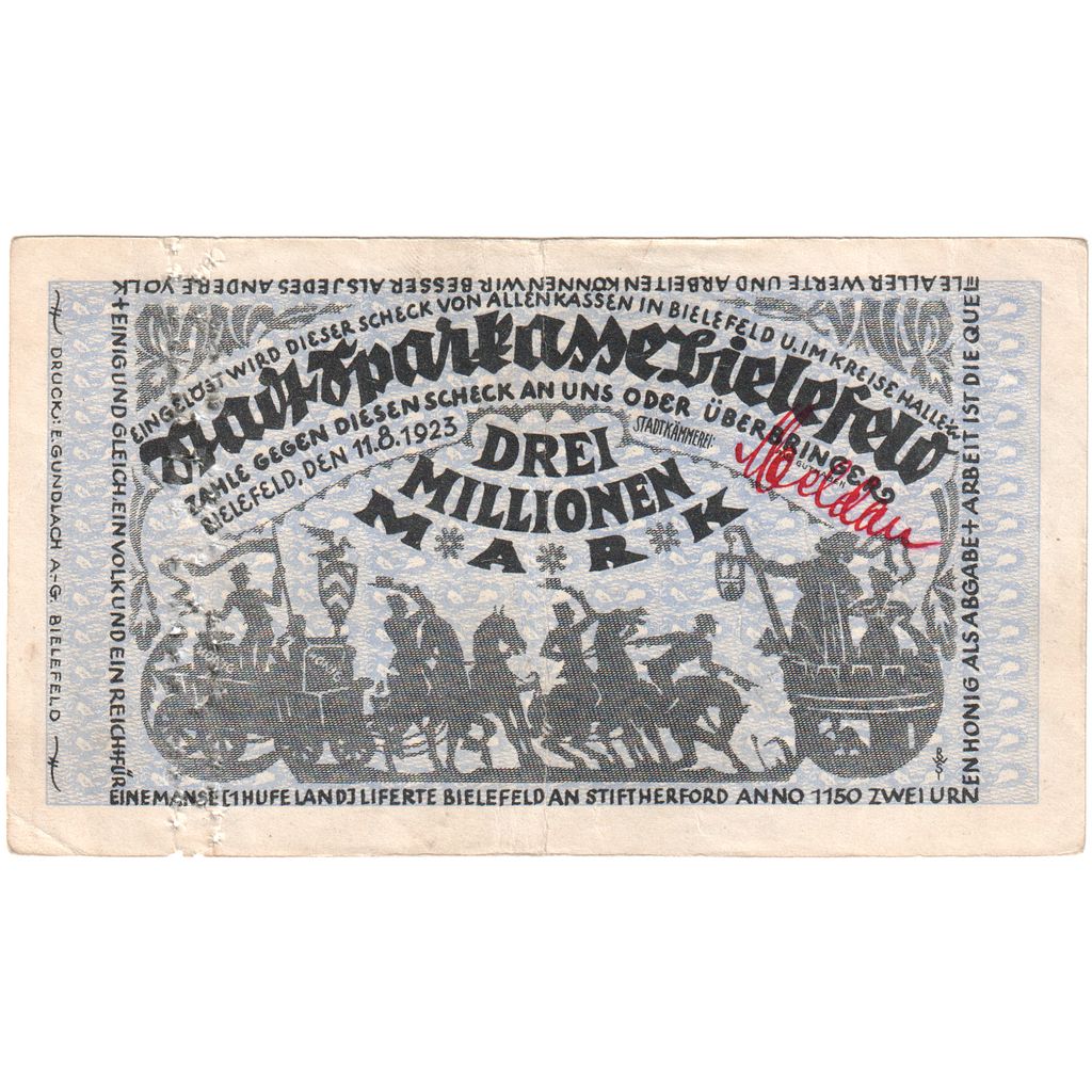 Alemanha, Bielefeld, 3 Millionen Mark, 1923-08-11, EF(40-45)