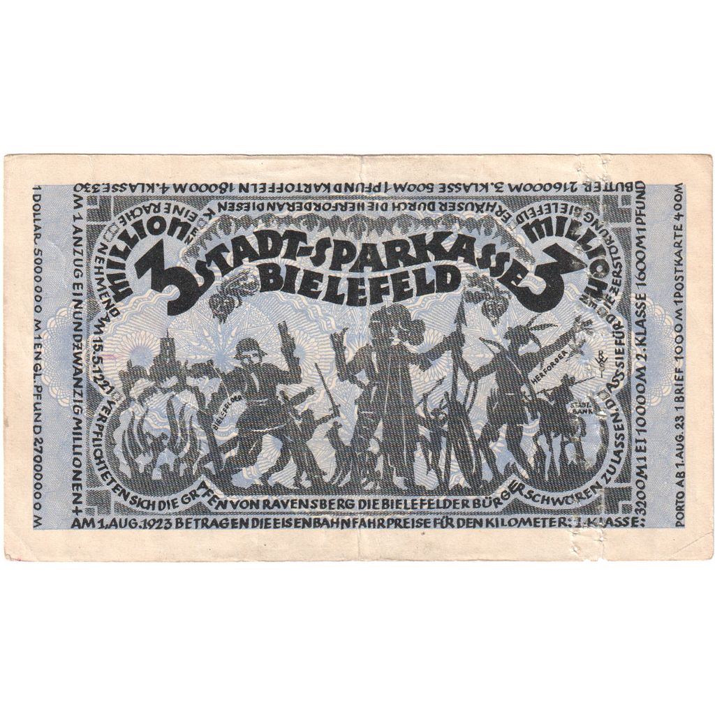 Alemanha, Bielefeld, 3 Millionen Mark, 1923-08-11, EF(40-45)