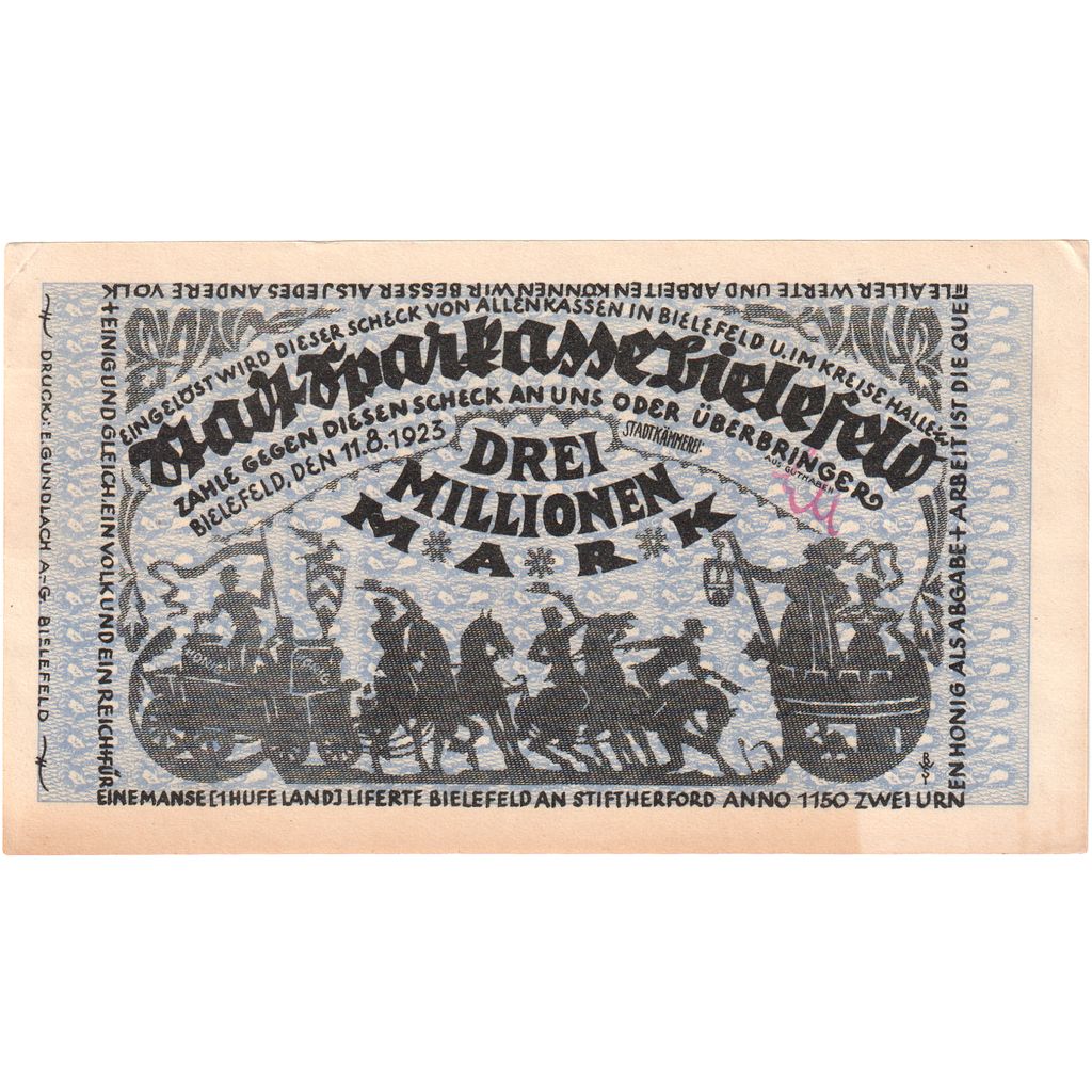Germany, Bielefeld, 3 Millionen Mark, 1923-08-11, AU(55-58)