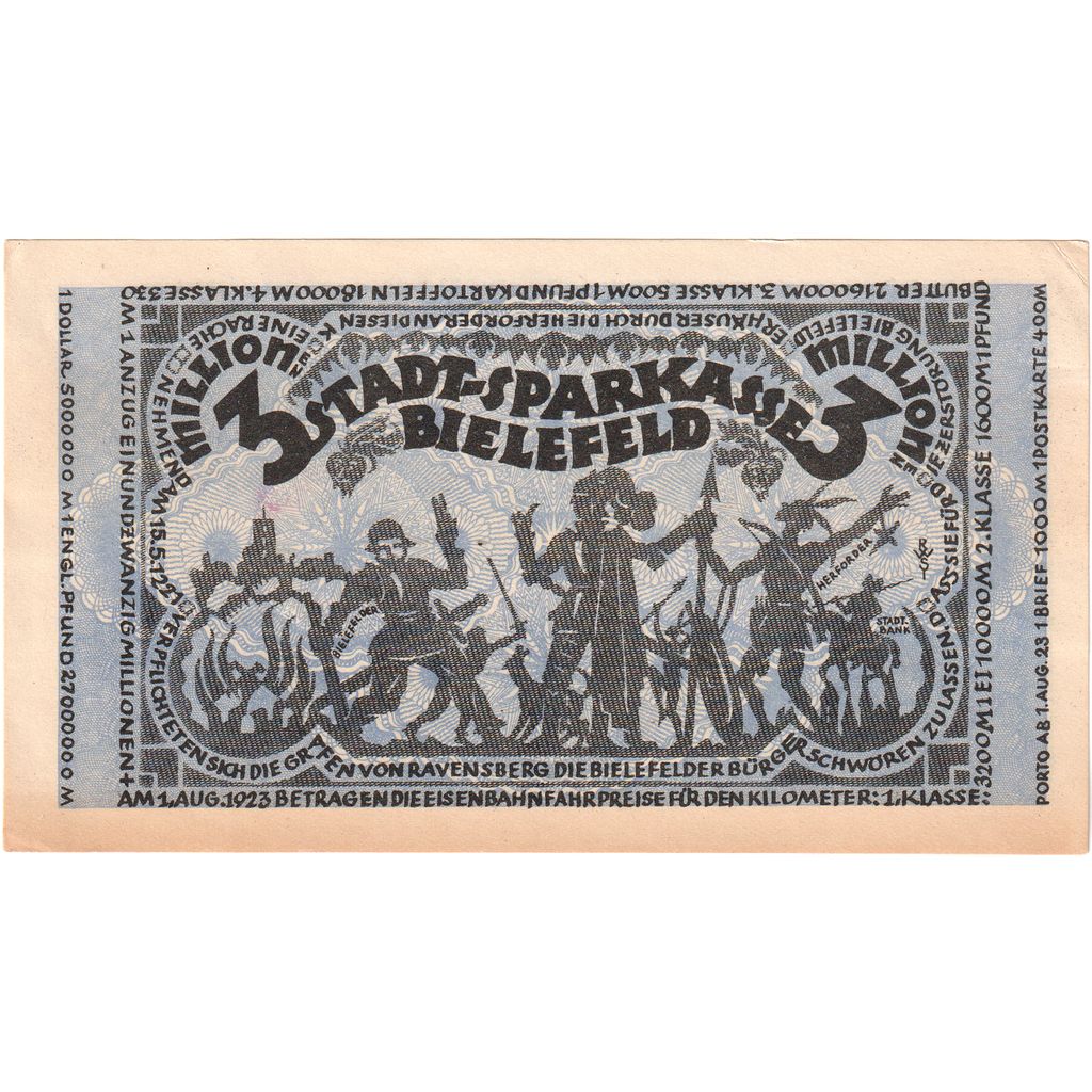 Germany, Bielefeld, 3 Millionen Mark, 1923-08-11, AU(55-58)