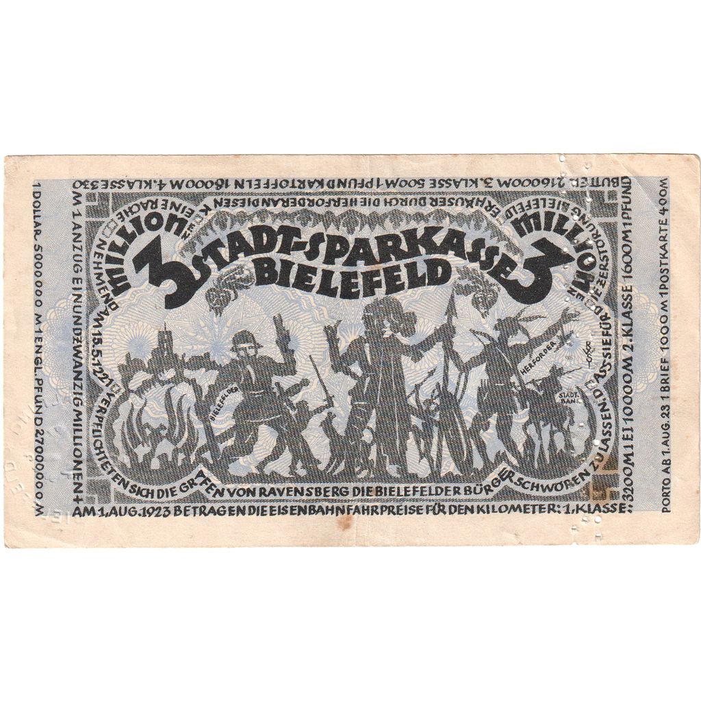 Alemanha, Bielefeld, 3 Millionen Mark, 1923-08-11, AU(50-53)