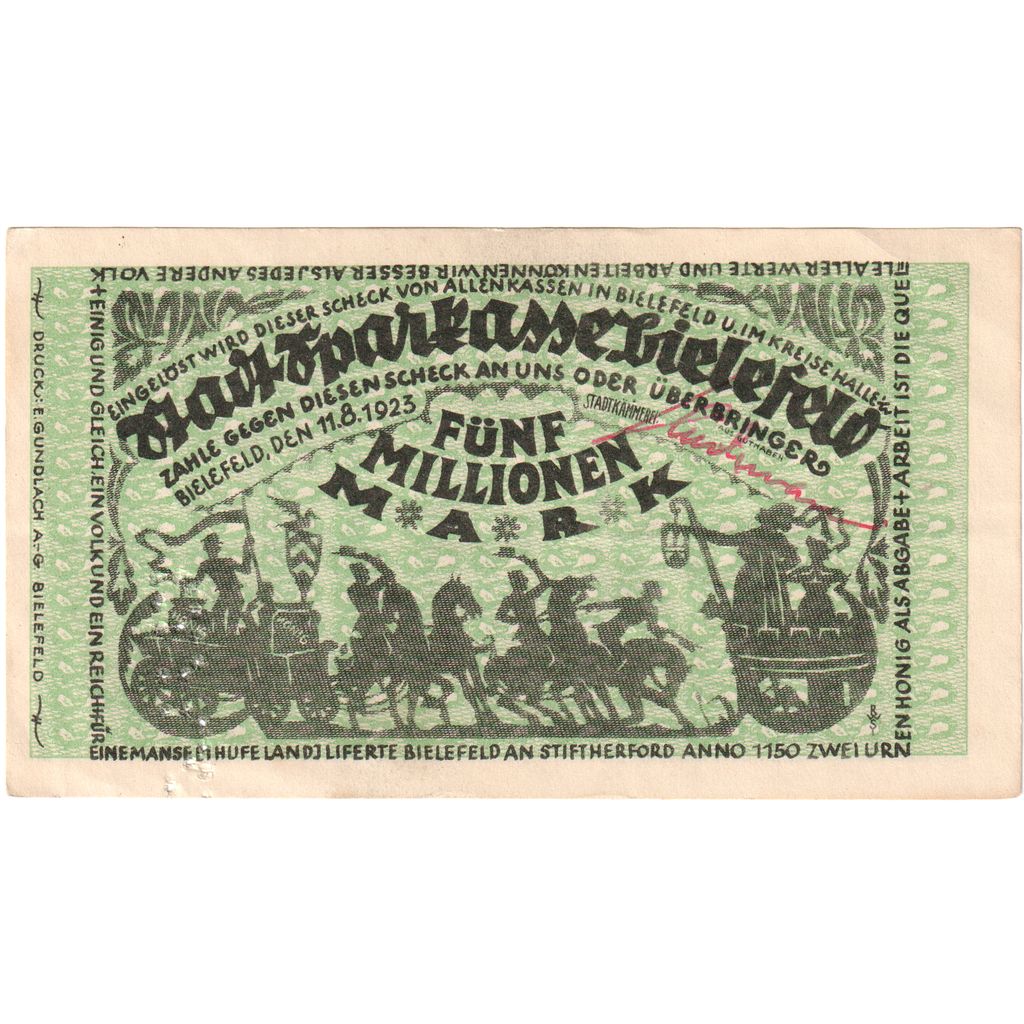Alemanha, Bielefeld, 5 Millionen Mark, 1923-08-11, UNC(60-62)