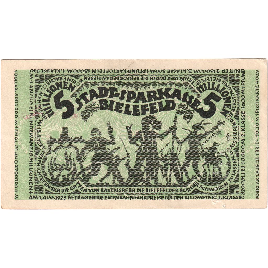Alemanha, Bielefeld, 5 Millionen Mark, 1923-08-11, UNC(60-62)