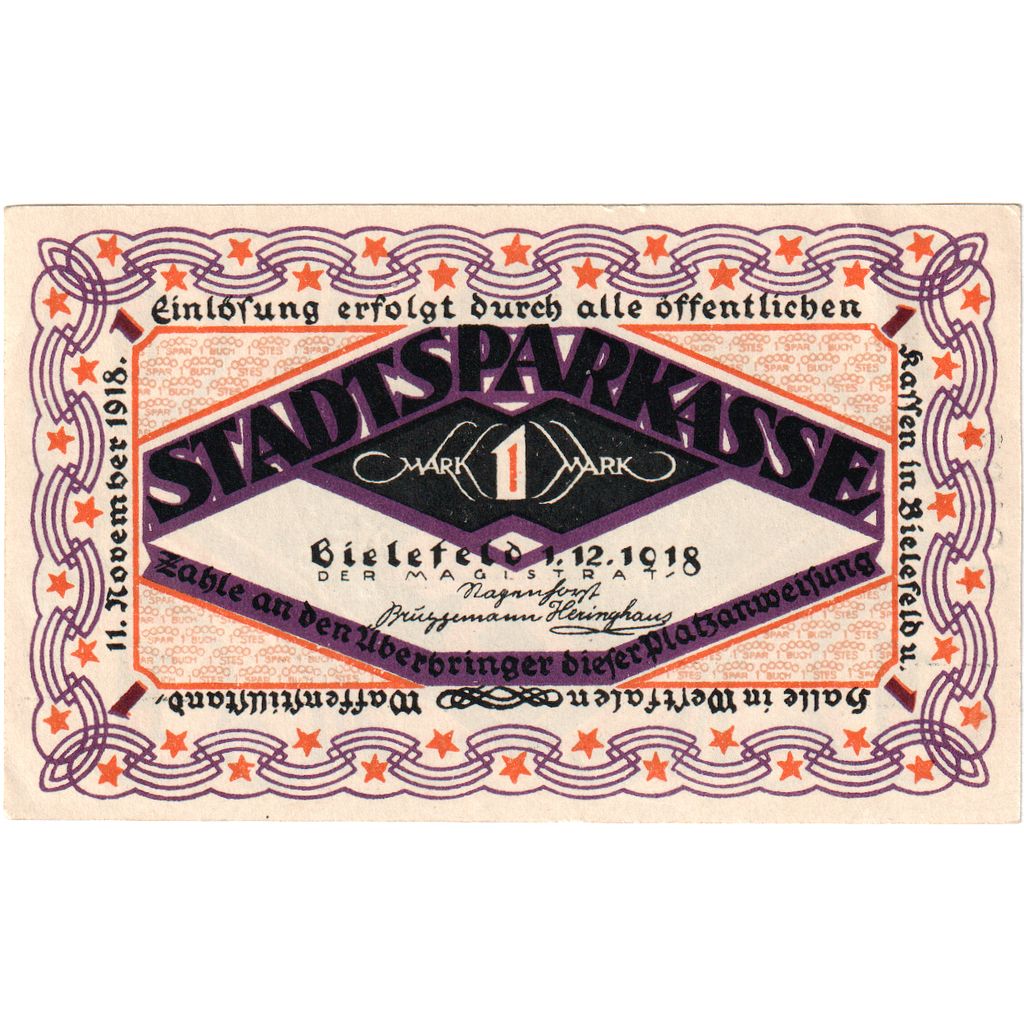 Germany, Bielefeld, 1 Mark, 1918-12-01, UNC(63)