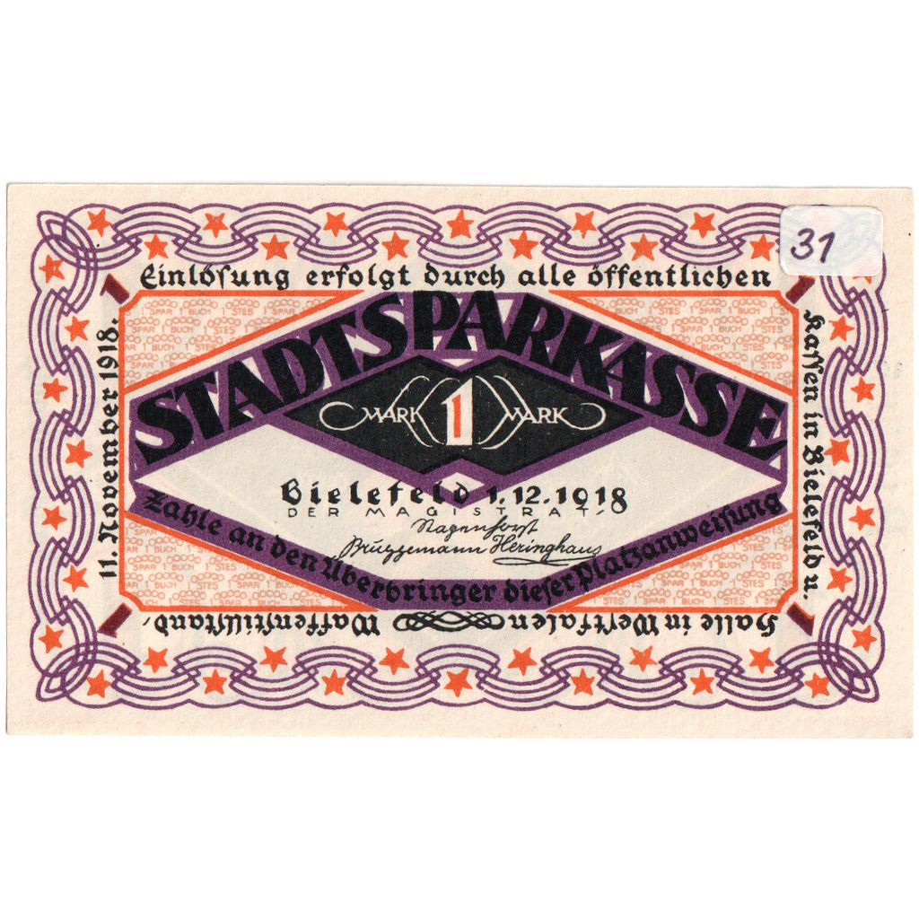 Alemanha, Bielefeld, 1 Mark, 1918-12-01, EF(40-45)