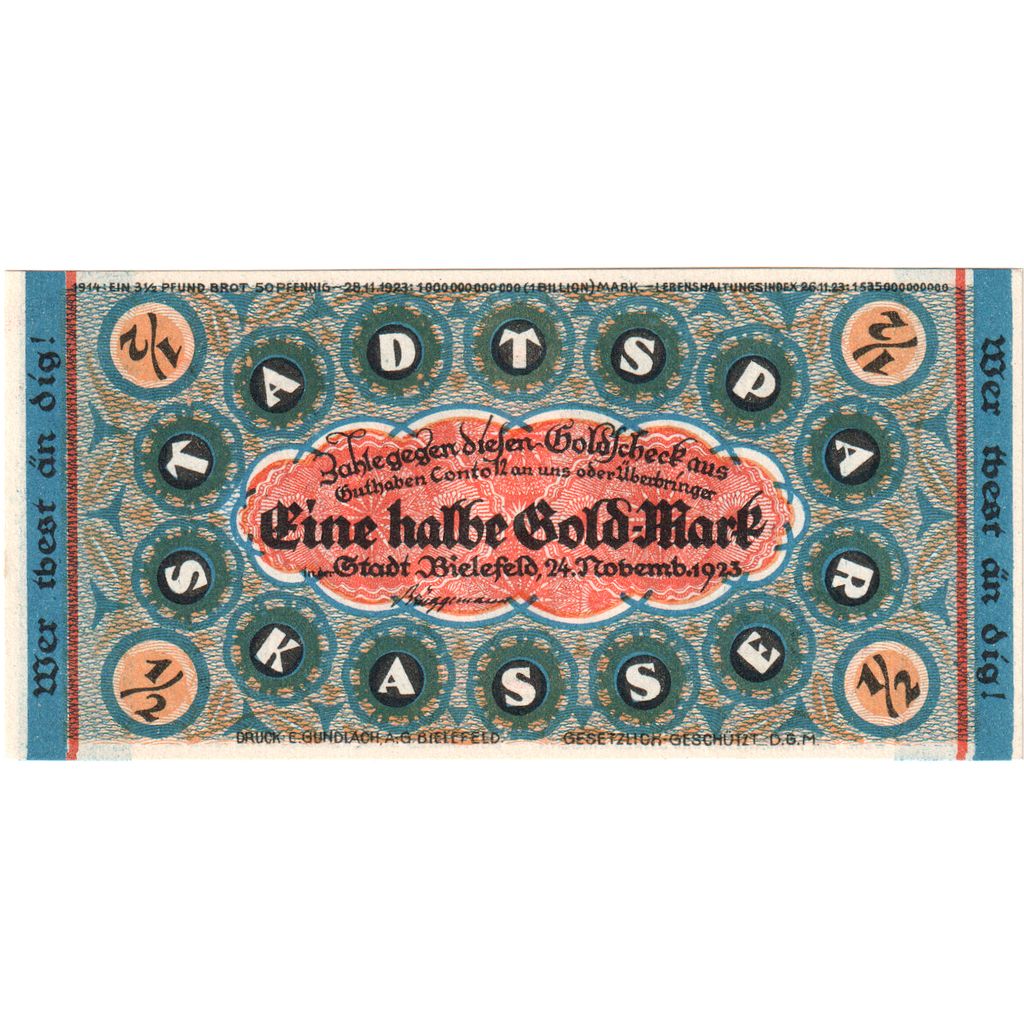 Niemcy, Bielefeld, 1/2 Goldmark, 1923-11-24, UNC(64), Grabowski:98