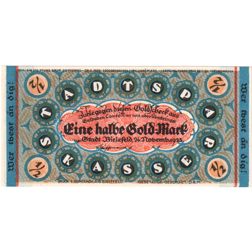 Alemanha, Bielefeld, 1/2 Goldmark, 1923-11-24, UNC(64), Grabowski:98