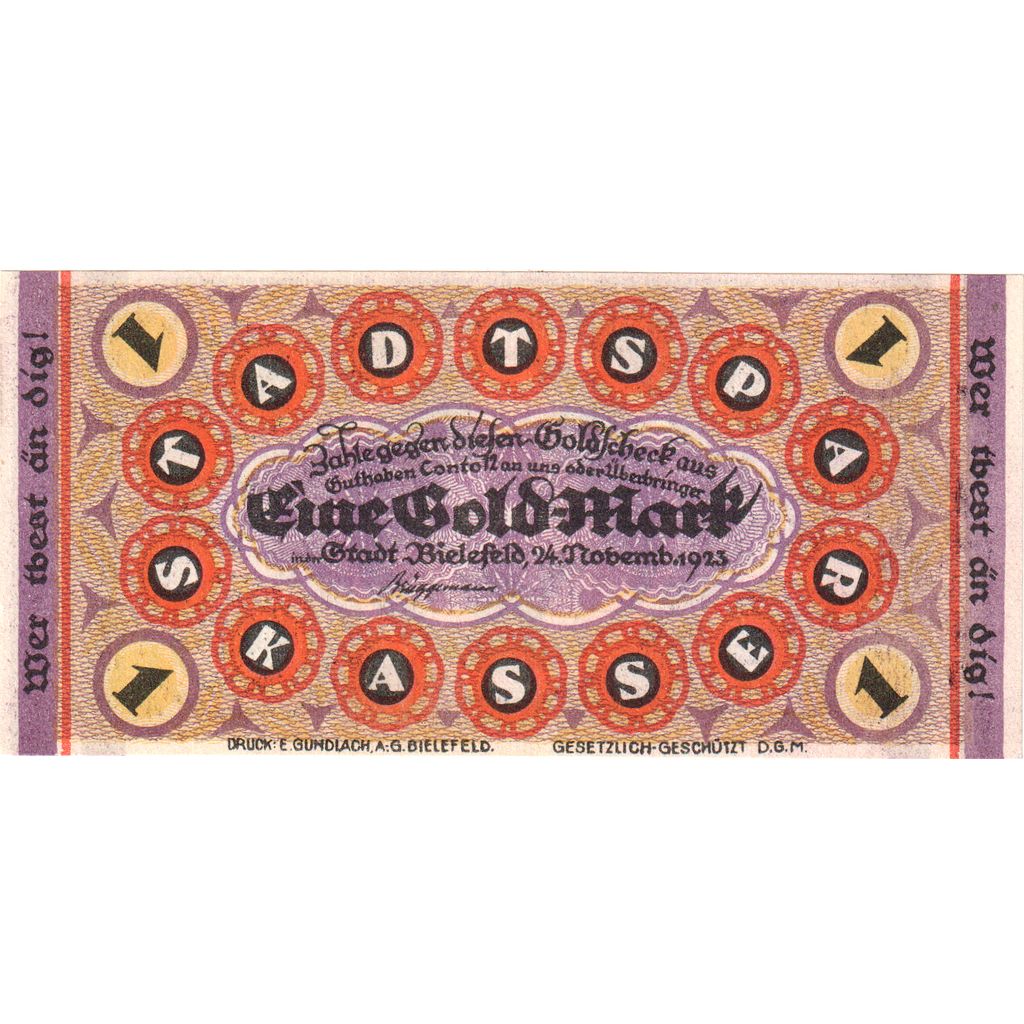 Germany, Bielefeld, 1 Goldmark, 1923-11-24, UNC(64), Grabowski:99