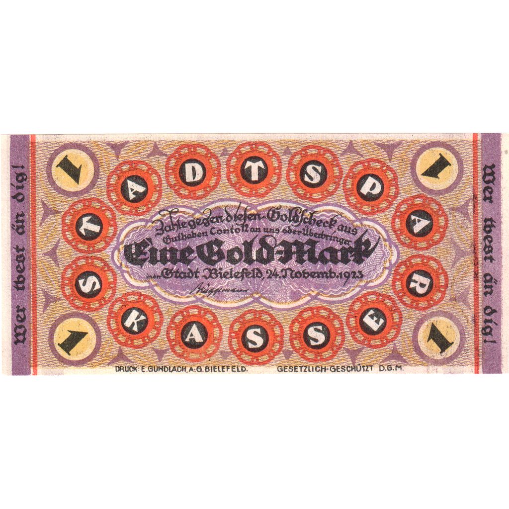 Niemcy, Bielefeld, 1 Goldmark, 1923-11-24, UNC(64), Grabowski:99