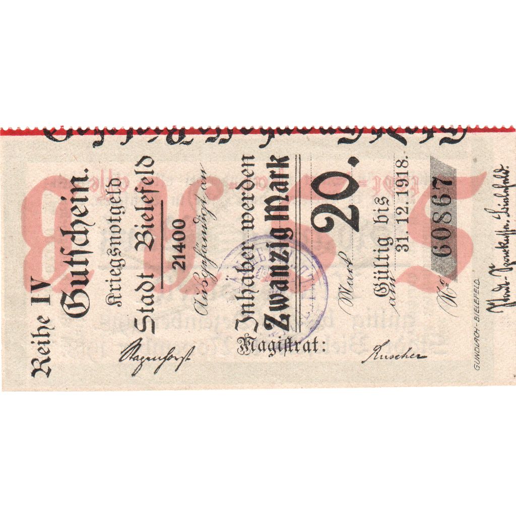 Germania, Bielefeld, 20 Mark, 1918-11-01, SPL