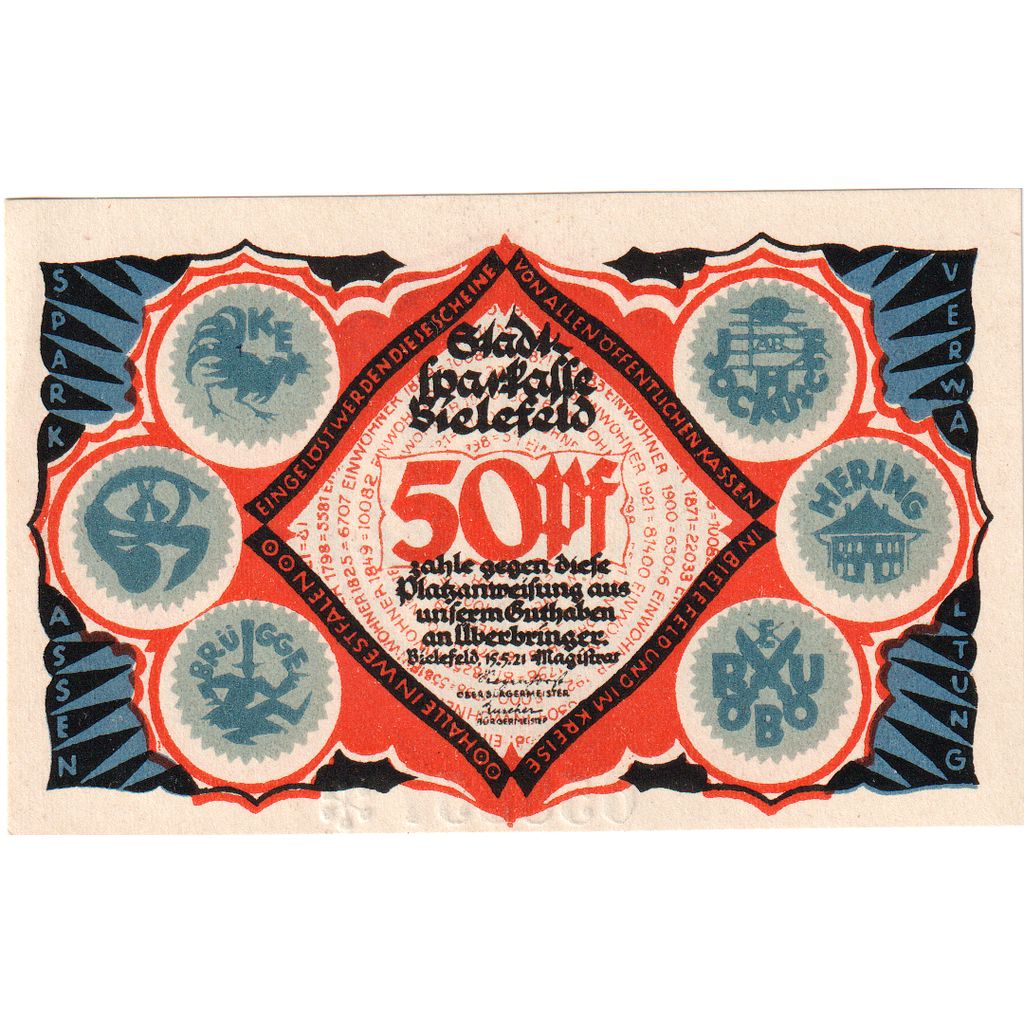 Alemanha, Bielefeld, 50 Pfennig, 1921-05-15, UNC(63), Grabowski:103.5
