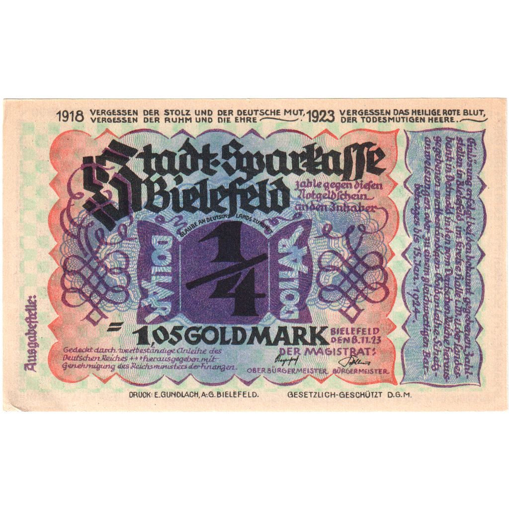 Germany, Bielefeld, 1.05 Goldmark, 1923-11-08, UNC(63)