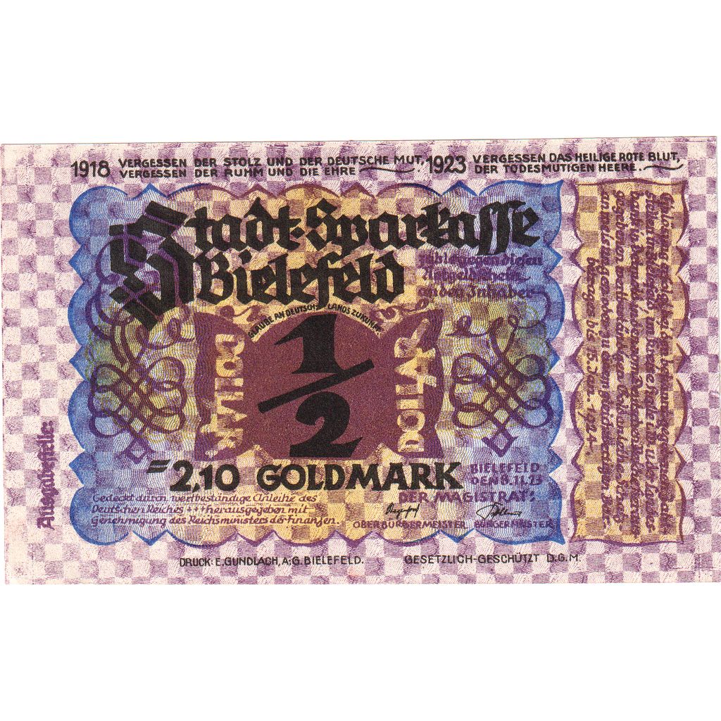 Alemanha, Bielefeld, 2.10 Goldmark, 1923-11-08, UNC(63)