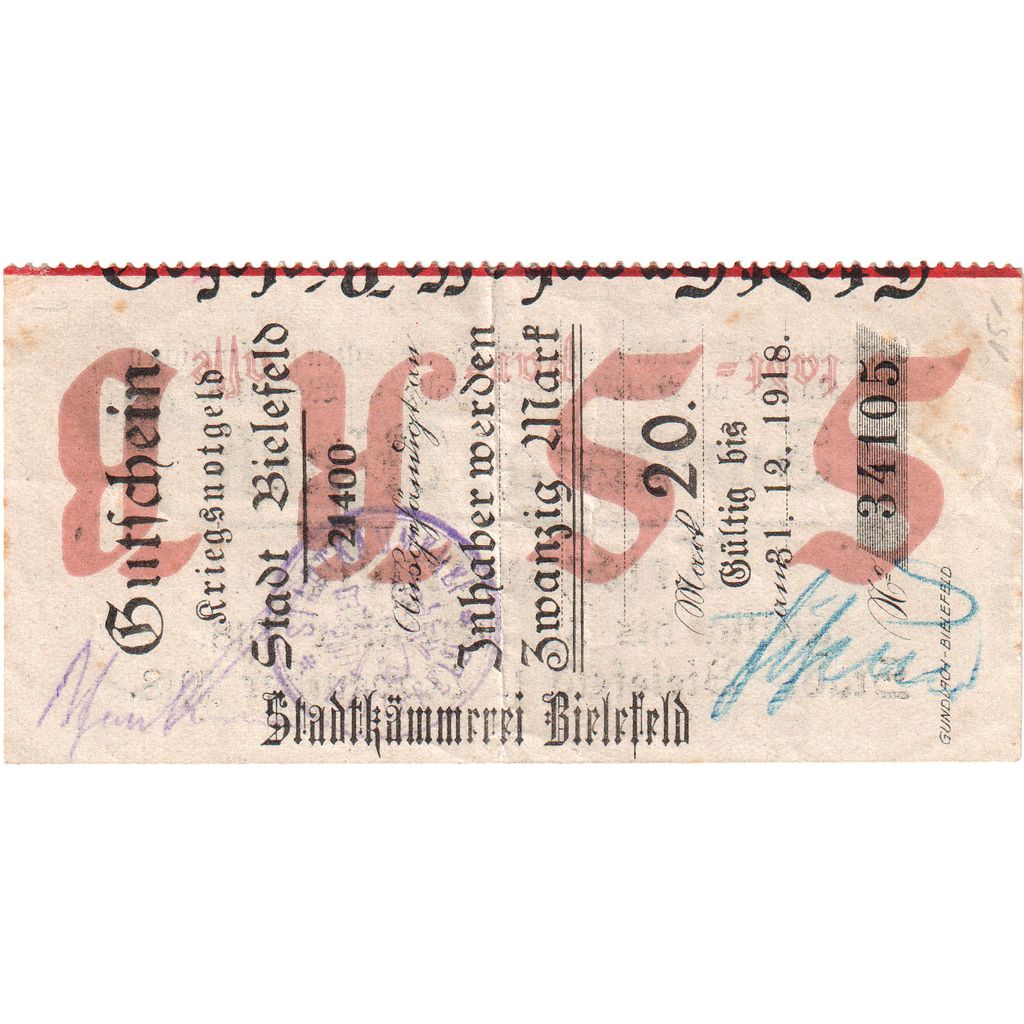 Alemanha, Bielefeld, 20 Mark, 1918-11-01, EF(40-45)