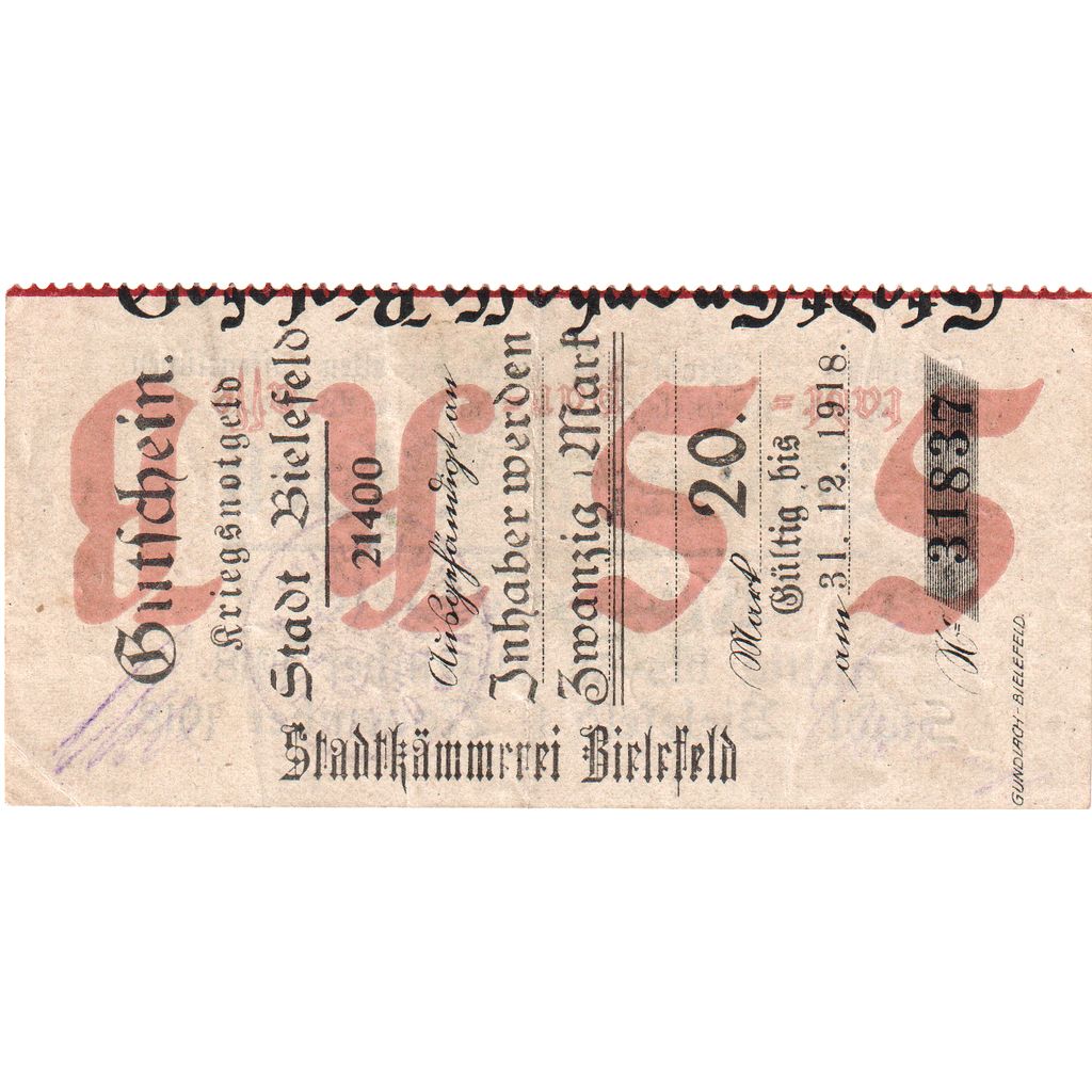 Alemanha, Bielefeld, 20 Mark, 1918-11-01, AU(50-53)