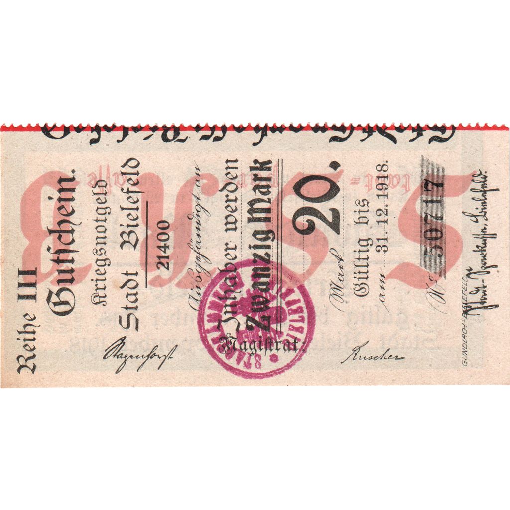 Alemanha, Bielefeld, 20 Mark, 1918-11-01, UNC(63)