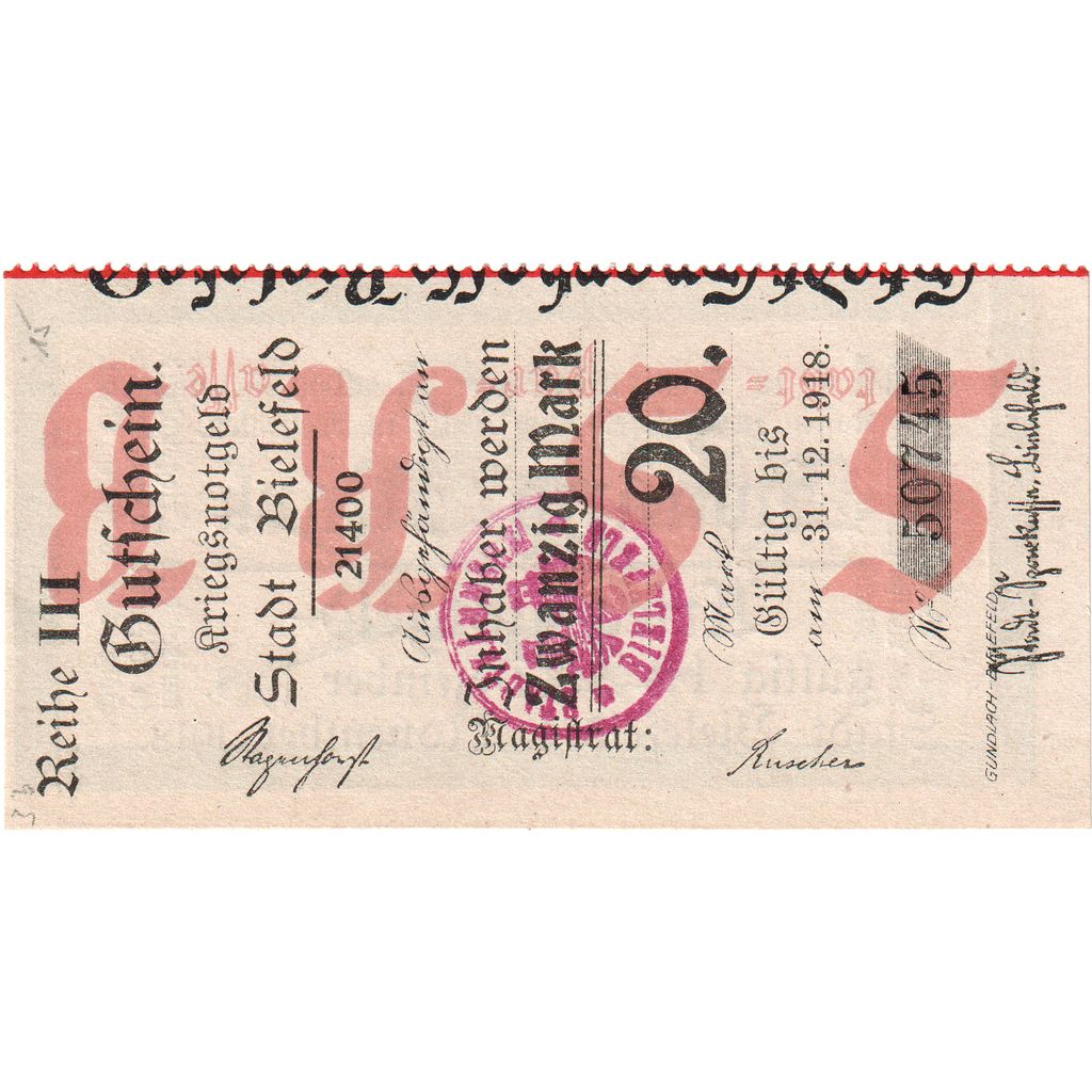 Alemanha, Bielefeld, 20 Mark, 1918-11-01, UNC(63)