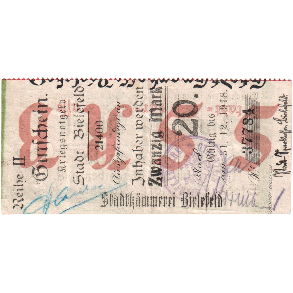 Alemanha, Bielefeld, 20 Mark, 1918-11-01, AU(55-58)