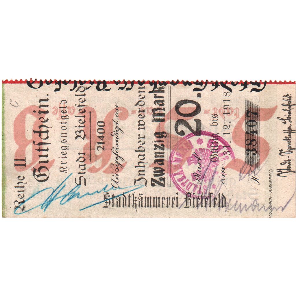 Alemanha, Bielefeld, 20 Mark, 1918-11-01, AU(55-58)
