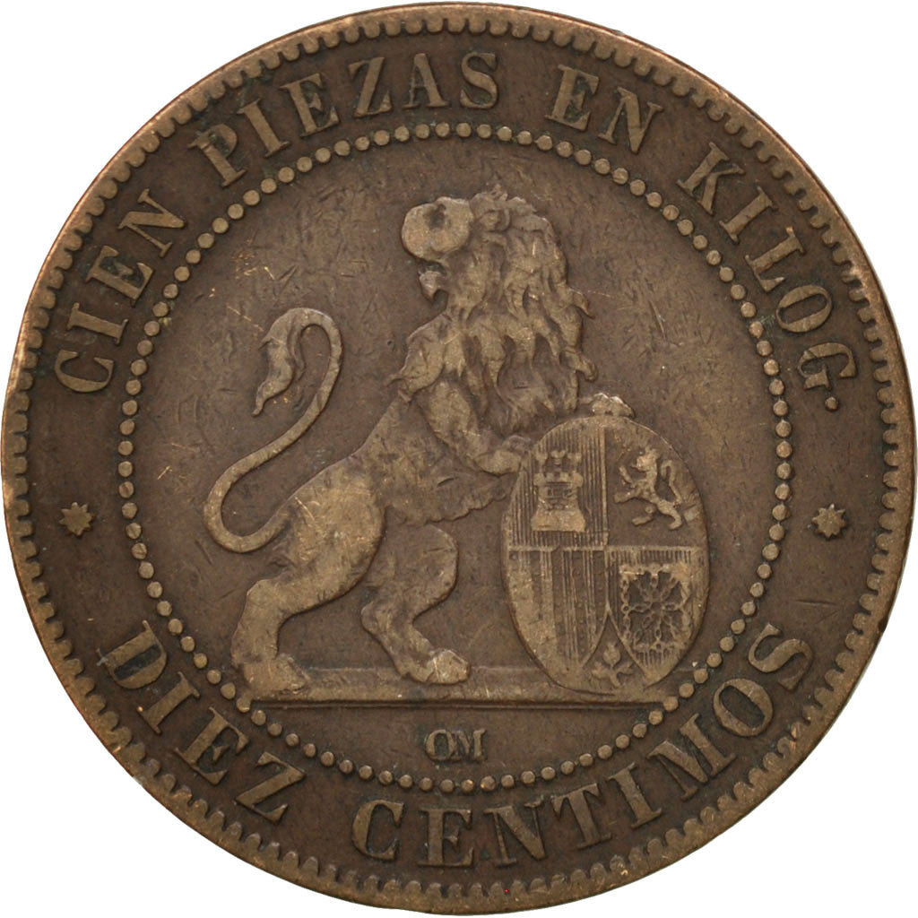 Coin, Spain, Provisional Government, 10 Centimos, 1870, EF(40-45), Copper