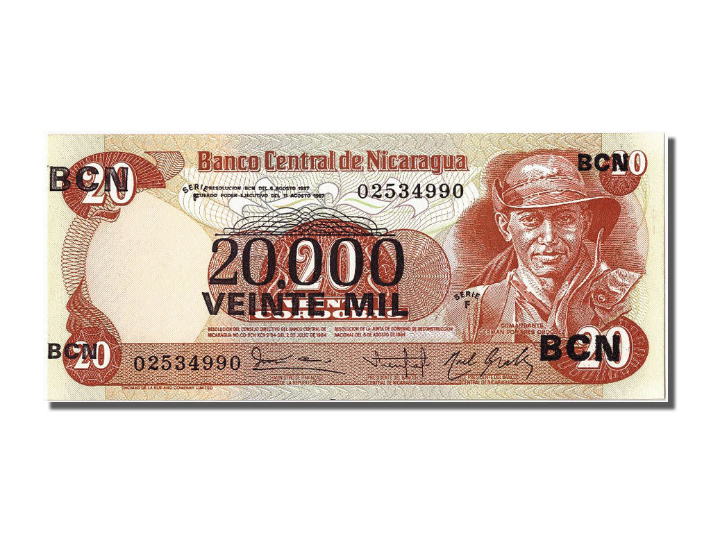 Banknote, Nicaragua, 20,000 Córdobas on 20 Córdobas, 1987, UNC(65-70)
