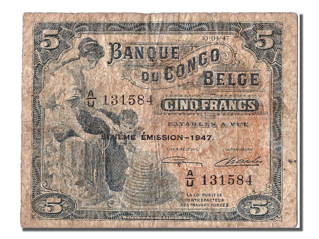 Banknote, Belgian Congo, 5 Francs, 1947, 1947-04-10, VF(20-25)