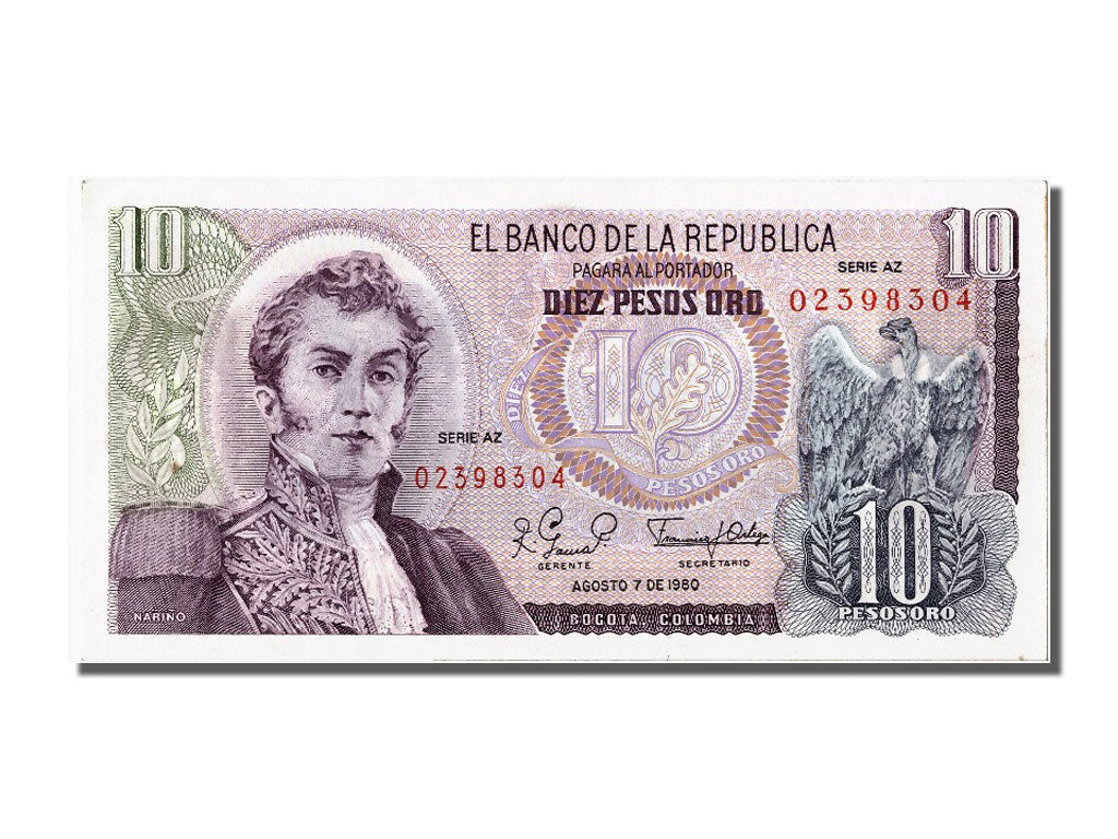 Banknote, Colombia, 10 Pesos Oro, 1980, 1980-08-07, UNC(65-70)