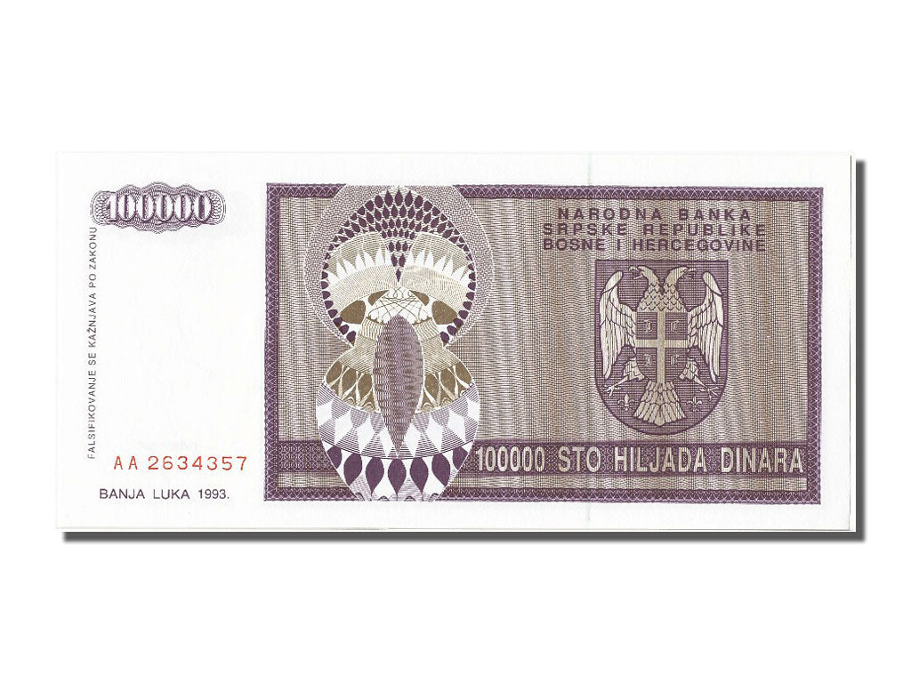 Billete, 100,000 Dinara, 1993, Bosnia - Herzegovina, UNC