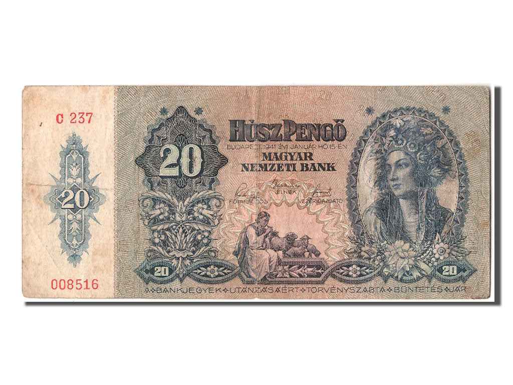 Banknot, Węgry, 20 Pengö, 1941, 1941-01-15, VF(30-35)
